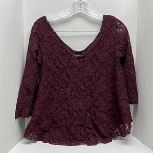 American Eagle burgundy lace flared top with lace sleeves: Women’s size XS